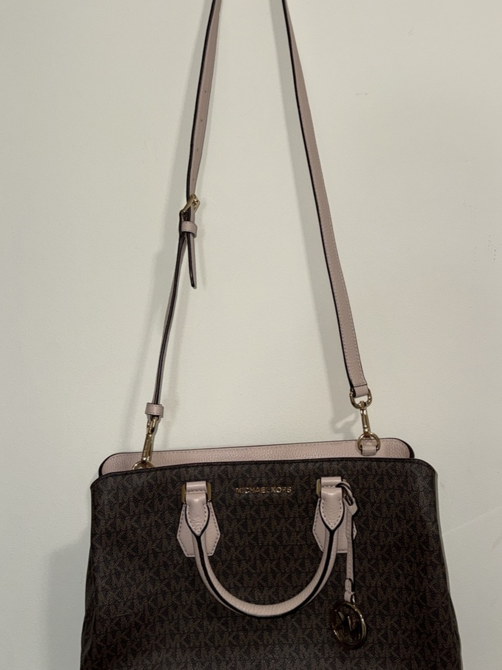 Michael Kors Brown Logo Satchel with Pink Trim and Gold Hardware